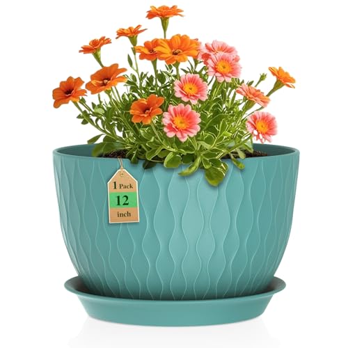 WSMKSZ 12 Inch Large Plant Pots for Indoor or Outdoor Plants, Wide Water Ripples Flower Pots with Drainage Holes & Saucer, Plastic Planters Set for Garden & Home Decor (Blue Green) - color: Blue Green