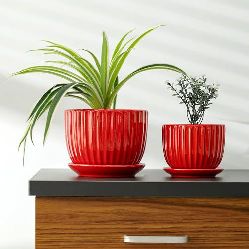 Ceramic Plant Pots Set of 3-Red Flower Pots with Drainage Holes and Saucers - color: Red