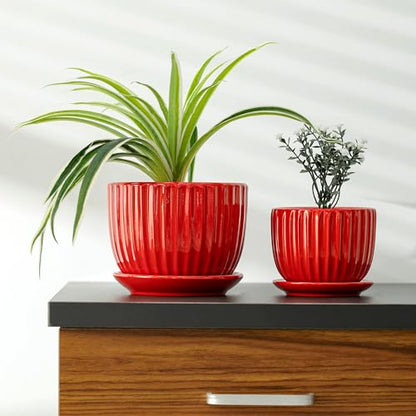 Ceramic Plant Pots Set of 3-Red Flower Pots with Drainage Holes and Saucers - color: Red