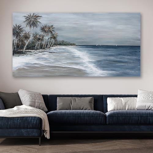 Coastal Wall Art Blue Gray Beach Wall Decor Landscape Abstract Canvas Painting Modern Ocean Artwork Framed for Living Room Bedroom Bathroom Office Decor 48"x24"Can Be Hung Directly - color: Blue Gray, size: 48"L x 24"W