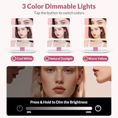 EASEHOLD Foldable Travel Tri fold Lighted Makeup Vanity Mirror with Lights - color: White-3000 Mah Rechargeable Trifold Foldable