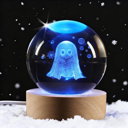 3D Ghost Crystal Ball Night Light,2.36inch Laser Engraved Led Light with Wooden Base, Gifting Box for Birthday Xmas Cool Figurines Gifts for Halloween Room Decor Boys Girls - color: Red