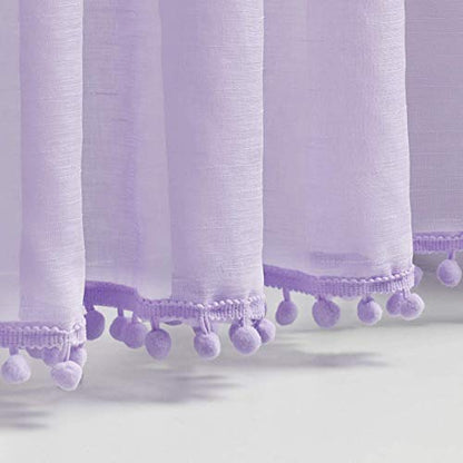 Purple Pom Pom Sheer Curtains for Kid's Room 52x63" Voile Drape Lilac 2pc - color: Lilac, size: 52"W x 63"L (Pack of 2)