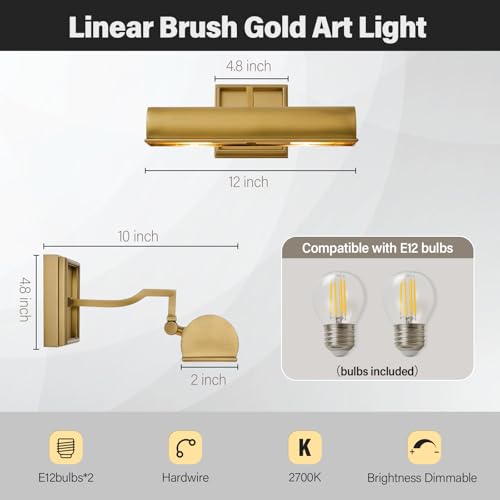 Art Picture Light,Linear Artwork Display Brass Wall Sconce - color: Gold, size: 12"-2Bulbs