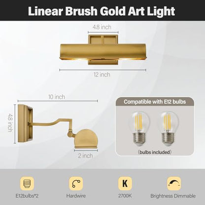 Art Picture Light,Linear Artwork Display Brass Wall Sconce - color: Gold, size: 12"-2Bulbs