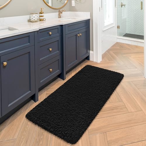 Bathroom Runner Rug 48"x24", Non Slip Fluffy Long Bath Mat, Black - color: Black, size: 48" x 24" (Rectangular)