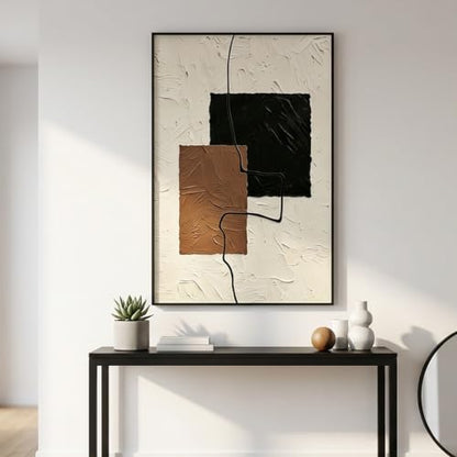QKF Block Geometric 3D Texture Black Aluminum Frame Canvas Wall Art - color: Beige, Brown & Black