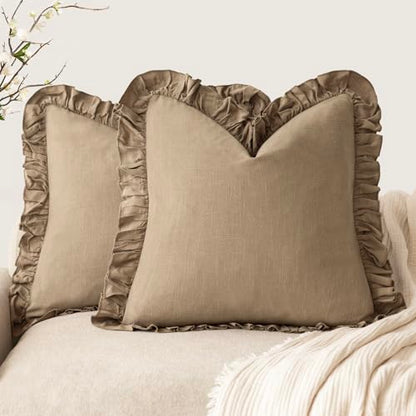 Foindtower Linen Fringe Ruffle Throw Pillow Covers 18×18 Inch Light Brown - color: Cocoa Brown, size: 18" x 18" (Pack of 2)