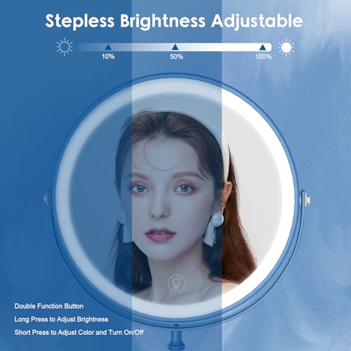 DEIOVWXS Makeup Mirror, Rechargeable Vanity Mirror with 3 Lights, 1X/10X - color: Blue
