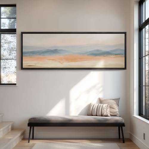 wall26 Large Framed Wall Art Canvas Print - Neutral Peach Blue Abstract Mountain - Contemporary Artwork for Living Room Bedroom Office - 60"x20" Black - color: A07-2607-YUK20, size: 60"L x 20"W, style: Black Frame
