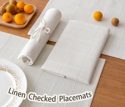 Linen Checked Placemats Set of 4, White Rustic Place Mats 12x18 Inch - color: White, size: 12×18 Inch (Set of 4)