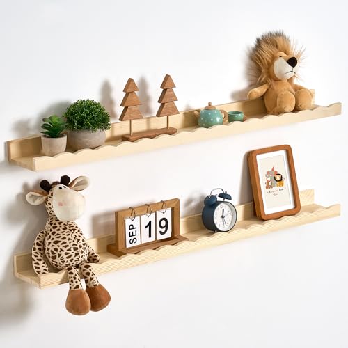 Fun Memories Scalloped Floating Shelves for Wall 40in, Solid Pine Wood Nursery Book Shelves, Kids Wall Shelves for Bedroom, Toddler Room Display & Nursery Decor, Set of 2 - color: Natural, size: 40", Set of 2