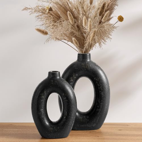 LE TAUCI Ceramic Vases Set of 2, Black Hollow Donut Flower Vases, Modern Decorative Centerpiece for Home Decor, Coffee Table, Shelf, Mantel, Black Bronze Speckle (H10.5”xW8.5”) - color: Black With Bronze Speckles