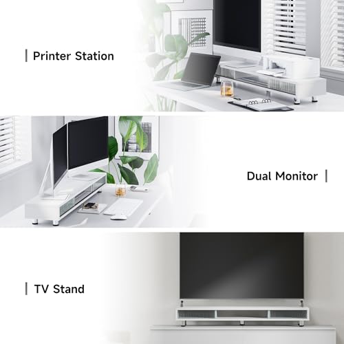 Fenge Dual Monitor Stand with Storage, Desk Shelf with Glass Sliding Door - color: White