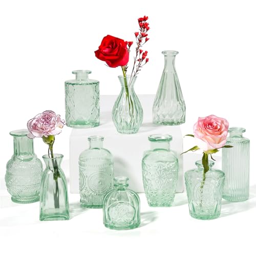 Sage Green Glass Bud Vases, Set of 10 Boho Wedding Centerpiece - color: Sage Green