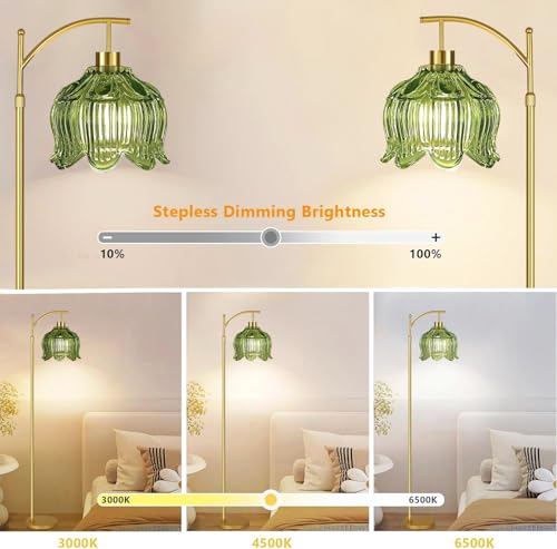 QIYIZM Green Floor Lamp for Living Room,Bedroom,Gold Dimmable Standing Lamp with Remote,Mid Century Modern Brass Tall Lamp Boho Floor Lamps Arc Vintage Glass Flower Floor Light Lamp Girls Bohemian - size: Floor Lamp--12