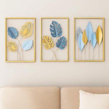 Bohemian 3D Metal Leaf Gold Wall Art Set of 3 | Boho Hallway Wall Hanging Home Decor for Farmhouse Living Room, Office, Bedroom, Indoor, Outdoor | Large Modern Minimalist Gold Metal Wall Sculptures(16x11")