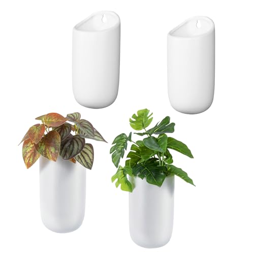 MyGift Set of 4 Matte White Ceramic Wall Planters, 6 Inch Hanging Pots - color: Matte White (6 Inch)