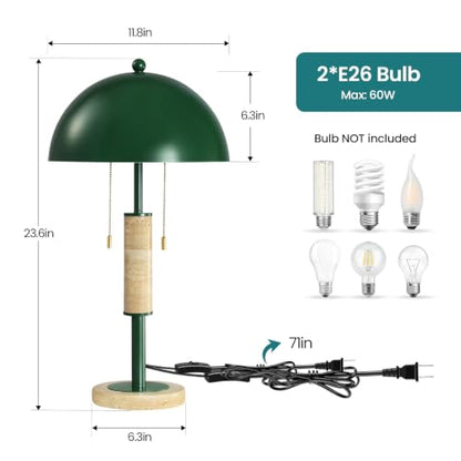 Green Bedside Table Lamp Set 2 Mid Century Modern Tavertine Nightstand Lamp - color: Green