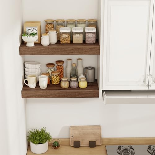 Acovy 24 Inch Floating Shelves, 12" Deep Floating Shelf Wall Mounted, 24" Wall Shelves, Rustic Deep Bookshelf, Extra Deeper & Thicker Display Shelves for Bedroom, Living Room, Walnut, Set of 2 - color: Walnut, size: 12"Wx24"L-2pcs