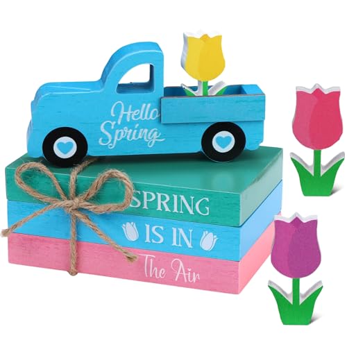 Pcs Spring Wooden Table Sign Hello Spring Table Centerpiece Hello Spring Truck Books Flowers Farmhouse Faux Book Stack Pastel Tulip Tiered Tray Block Decor for Home Holiday Decoration - style: Hello Spring Tulip