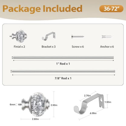1 Inch Curtain Rods 36 to 72 Inches(3 to 6 ft) Telescoping Single Drapery Rod, USFOOK Silver Curtain Rods for Windows 24 to 68 Inches with Translucent Finials - color: Silver, size: 36-72"