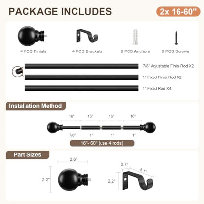 Modern Black Curtain Rods 2 pack for Windows 28 to 48 Inches - color: black, size: 16"-60"|2 Pack