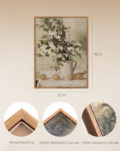ElfLuna Wood Framed Canvas, Retro Lemon Floral Still Life Print - color: Flowers and Lemons, size: 16"L x 12"W
