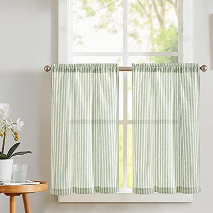 Vangao Green Stripe Linen Tiers Curtains 24 Inch Farmhouse 2 Panels - color: Boxter Striped| Green on Beige, size: 26"W x 24"L (Pack of 2)