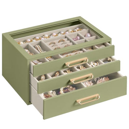 SONGMICS 3-Layer Jewelry Box with Glass Window, 3 Drawers, Golden Handles - color: Sage Green, size: 3-Tier