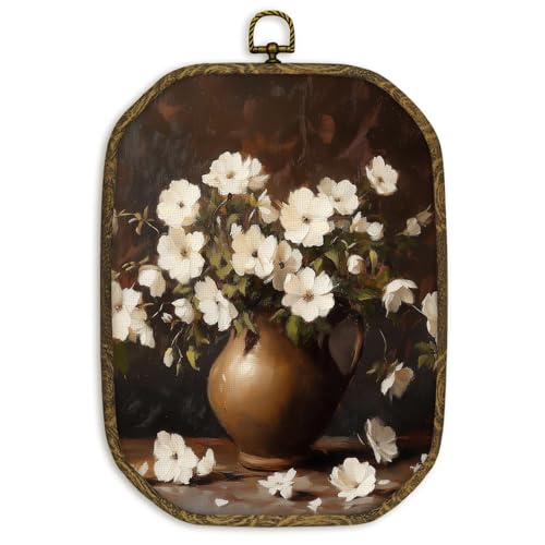 nvucamd Vintage Floral Wall Art Decor Framed, Rustic White Flower Vase Octagon Canvas Prints Wall Art, Antique Botanical Floral Hanging Decor for Farmhouse Home Bathroom Living Room, 10.2x7 Inches - color: floral vase, size: 10.2"L x 7"W