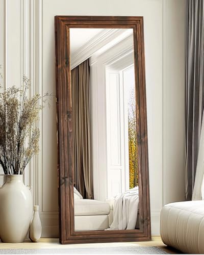 65x22in Full Length Mirror, 3-Tier Stepped Solid Wood Frame, Brown - color: Brown, size: 65"L x 22"W