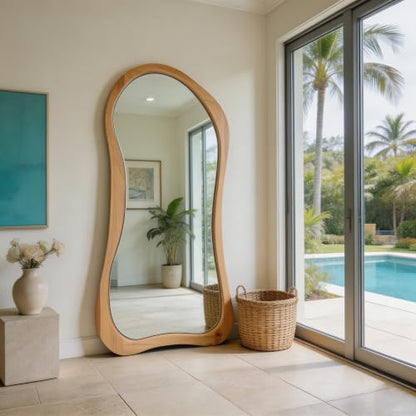 71"x33.5" Irregular Full Length Mirror with Solid Wood Frame - color: Natural Wood Frame, size: 71"L x 33.5"W