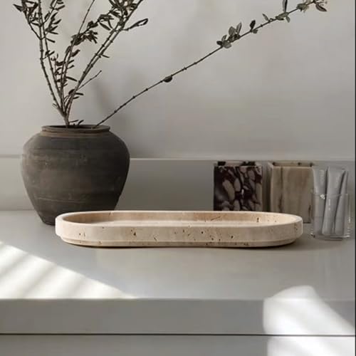 CHISELED ST DF SK Natural Travertine Oval - 10x5 Inch Bathroom and Vanity Marble Small Tray for Soap Bottle, Perfume, Aromatherapy and Jewelry Accessories - Countertop Tray with Non-Slip Raised Base