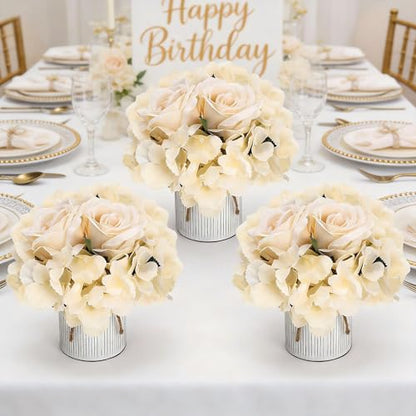 Flower Table Centerpieces - Set of 6 Floral Arrangement Artificial Wedding Hydrangeas Floral Arrangement with Rustic Metal Vase for Bridal Tea Party Event Decorations - Champagne (Pack of 2)