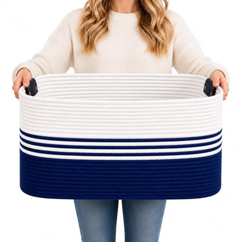 Laundry Hamper with Handles, 72L Rope Laundry Basket, Dark Blue & White - color: Dark Blue & White, size: 72L