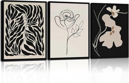 Abstract Botanical Framed Wall Art, 3 Piece Boho Line Art Set, 12x16 - color: beige111, size: 12x16 inch