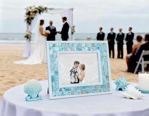 Mother of Pearl Beach Picture Frame 4x6, Blue | Natural Pearl,Turquoise Tabletop or Wall Hanging, Mosaic Glass Photo Frame, 1pc - color: Blue, size: 4x6 Inch