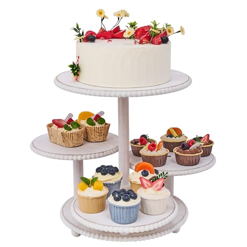 GENMOUS 4 Tiered Beaded Cake and Cupcake Stand Combo for Birthday Party Decor, Rustic Wooden Cupcake Tower Stands for 50 Cupcakes, White Cupcake Tier Stand Display for Wedding Baby Shower Tea Party