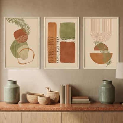 HOURIA Terracotta Sage Green Palm Leaf Framed Canvas Wall Art Set-16"x24"x3 - color: Boho Botanical Wall Art, size: 16"L x 24"W
