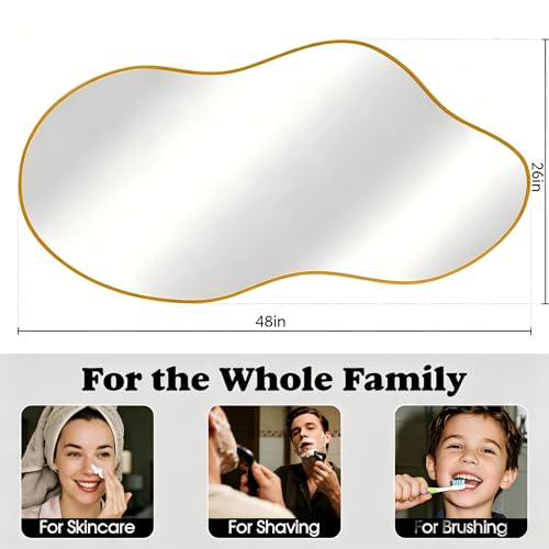 Irregular Asymmetrical Wall Mirror 26x48" with Modern Aluminum Alloy Frame - color: Gold, size: 26"L x 48"W