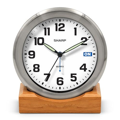 Sharp Silent Sweep Non-Ticking Analog Alarm Desk Metal Clock, Wood Stand