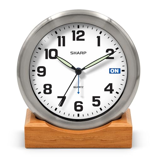 Sharp Silent Sweep Non-Ticking Analog Alarm Desk Metal Clock, Wood Stand