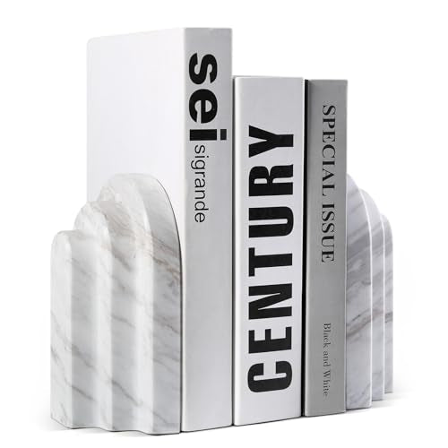 Natural Marble Book Ends - Heavy Duty Bookends for Shelves - Aesthetic Layered Arch Design Stone Book Holders, Modern Office Bookshelf Stopper Decor for Books/CDs (Volakas) - style: Arched-Volakas