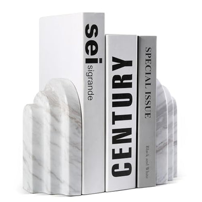 Natural Marble Book Ends - Heavy Duty Bookends for Shelves - Aesthetic Layered Arch Design Stone Book Holders, Modern Office Bookshelf Stopper Decor for Books/CDs (Volakas) - style: Arched-Volakas