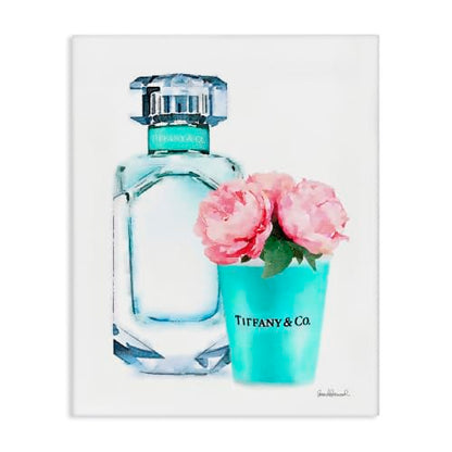 Teal Perfume Bottle Peonies Glam, 36 x 48 Inch Canvas Wall Art - color: Teal, size: 48"L x 36"W