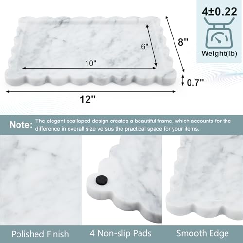 Scalloped Natural Marble Tray - Decorative Stone Tray for Bathroom & Vanity - color: White, size: 12" x 8" x 0.7"