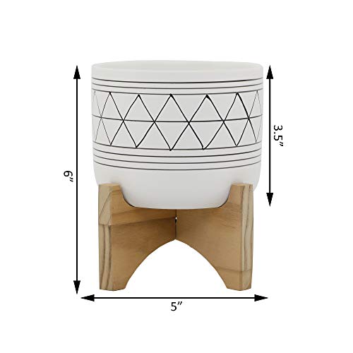 Flora Bunda 5" White Black Ceramic Geometric W/Wood Stand Planter Mid Century - color: White/Black Line 5"
