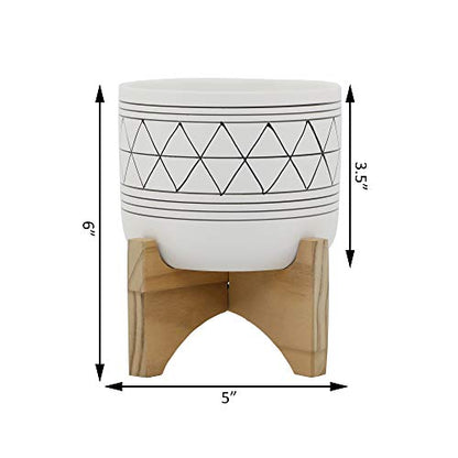 Flora Bunda 5" White Black Ceramic Geometric W/Wood Stand Planter Mid Century - color: White/Black Line 5"