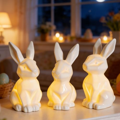 NEROSUN 3 Pack Easter Bunny Decorations, Ceramic White Rabbit Statues Ornaments, Lighted Bunny Table Centerpiece for Easter Party, Spring Home Decor and Shelf Display